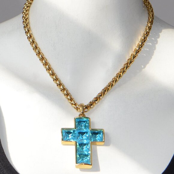 Vintage Kenneth Jay Lane KJL Crystal Cross Pendant Necklace